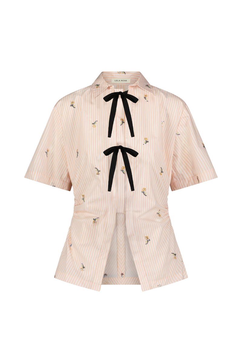 Embroidered Striped Cotton Bow Front Shirt