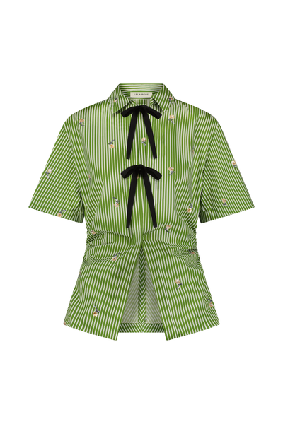 Embroidered Striped Cotton Bow Front Shirt