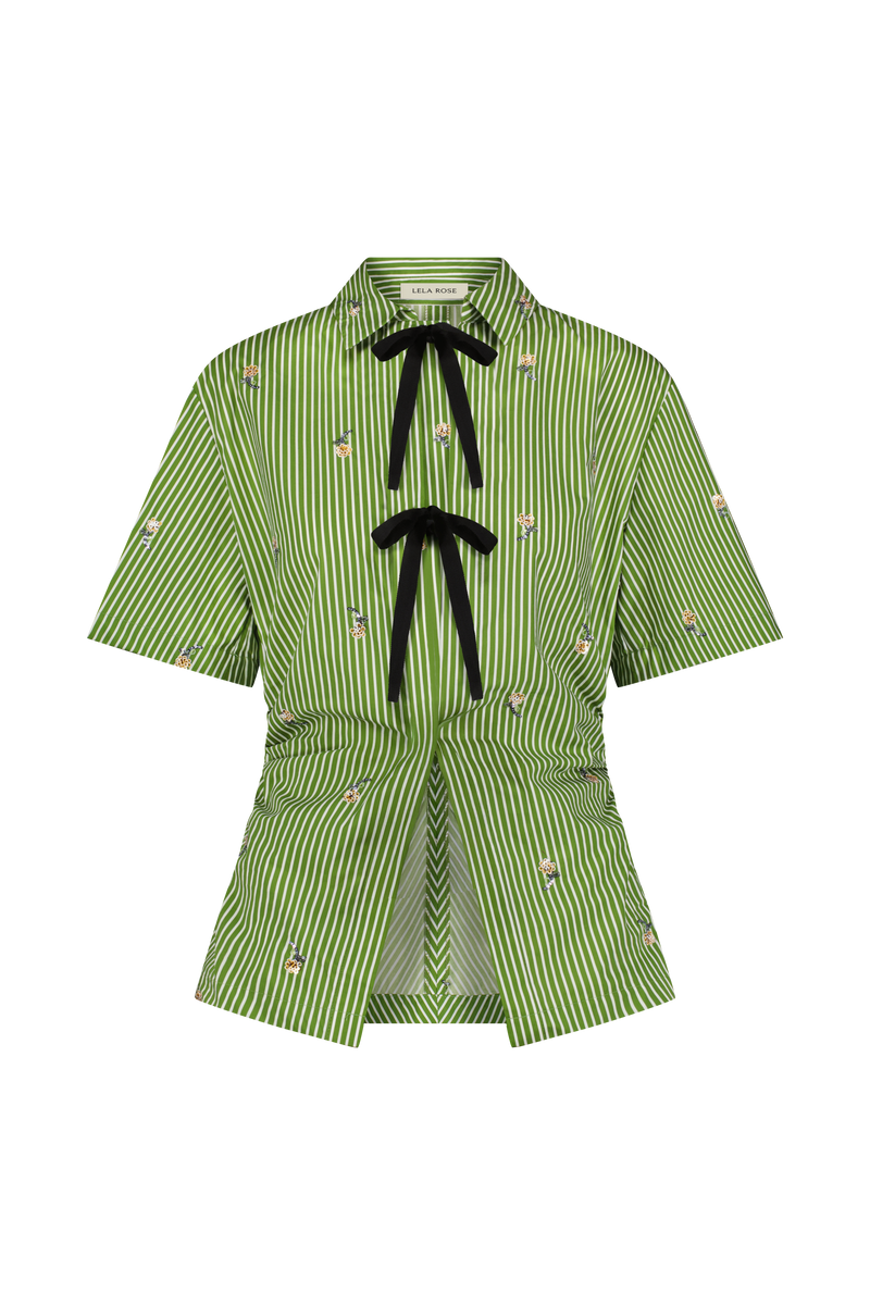 Embroidered Striped Cotton Bow Front Shirt