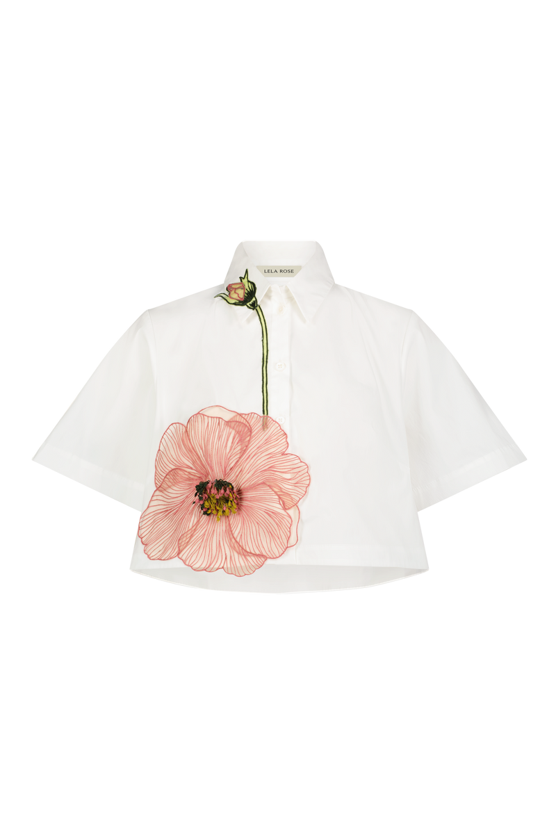 Peony Embroidered Cotton Poplin Cropped Shirt