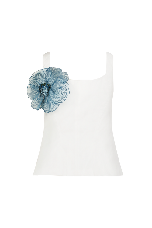 Peony Embroidered Cotton Poplin Scoop Neck Top