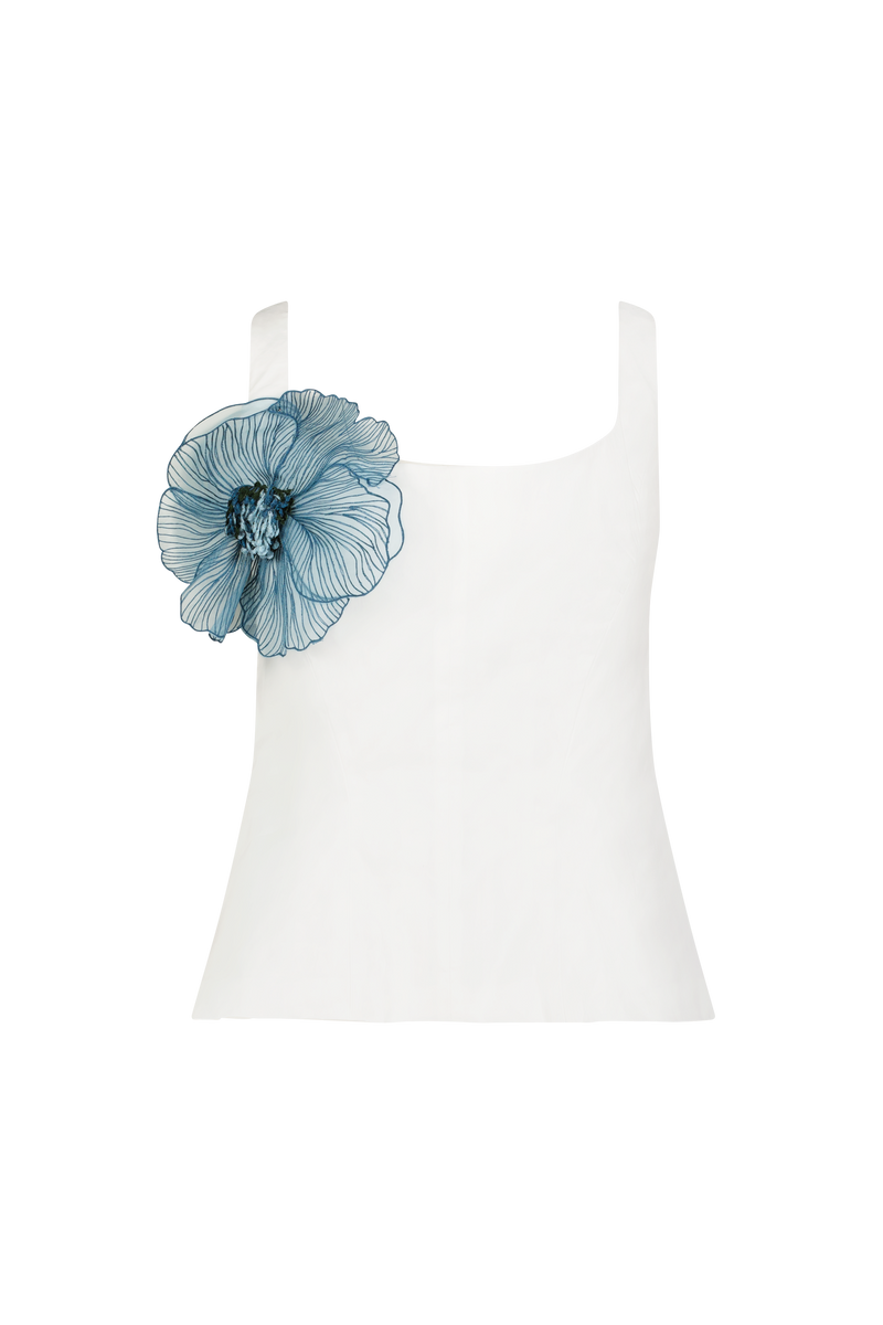 Peony Embroidered Cotton Poplin Scoop Neck Top