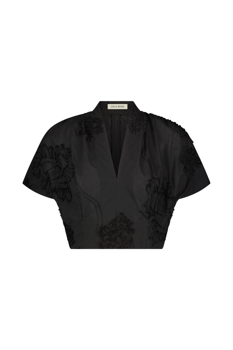 Ribbon Embroidered Cotton V-Neck Top