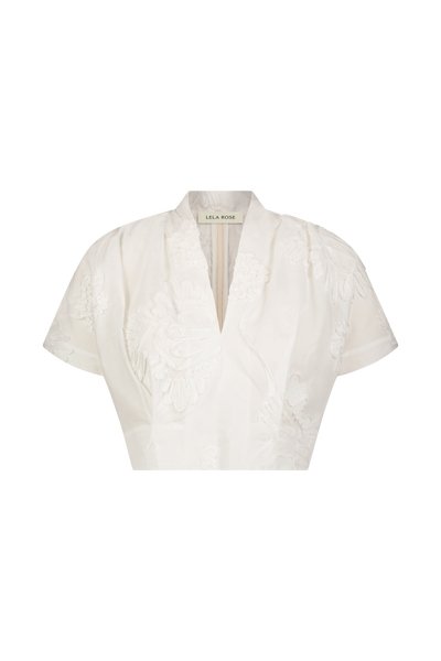 Ribbon Embroidered Cotton V-Neck Top