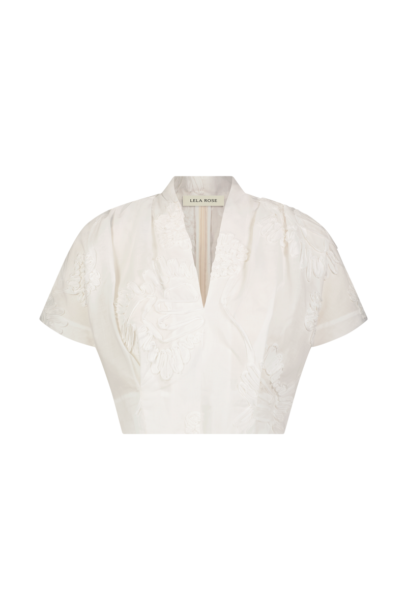 Ribbon Embroidered Cotton V-Neck Top