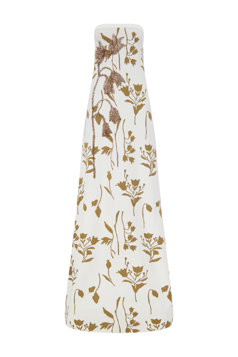 Floral Jacquard Knit Beaded Strapless Dress
