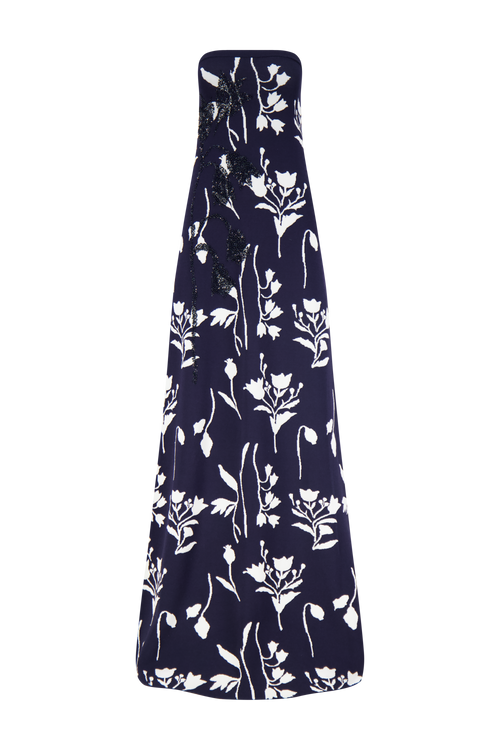 Floral Jacquard Knit Beaded Strapless Dress