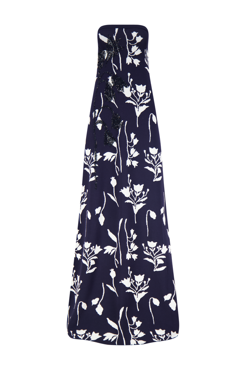 Floral Jacquard Knit Beaded Strapless Dress