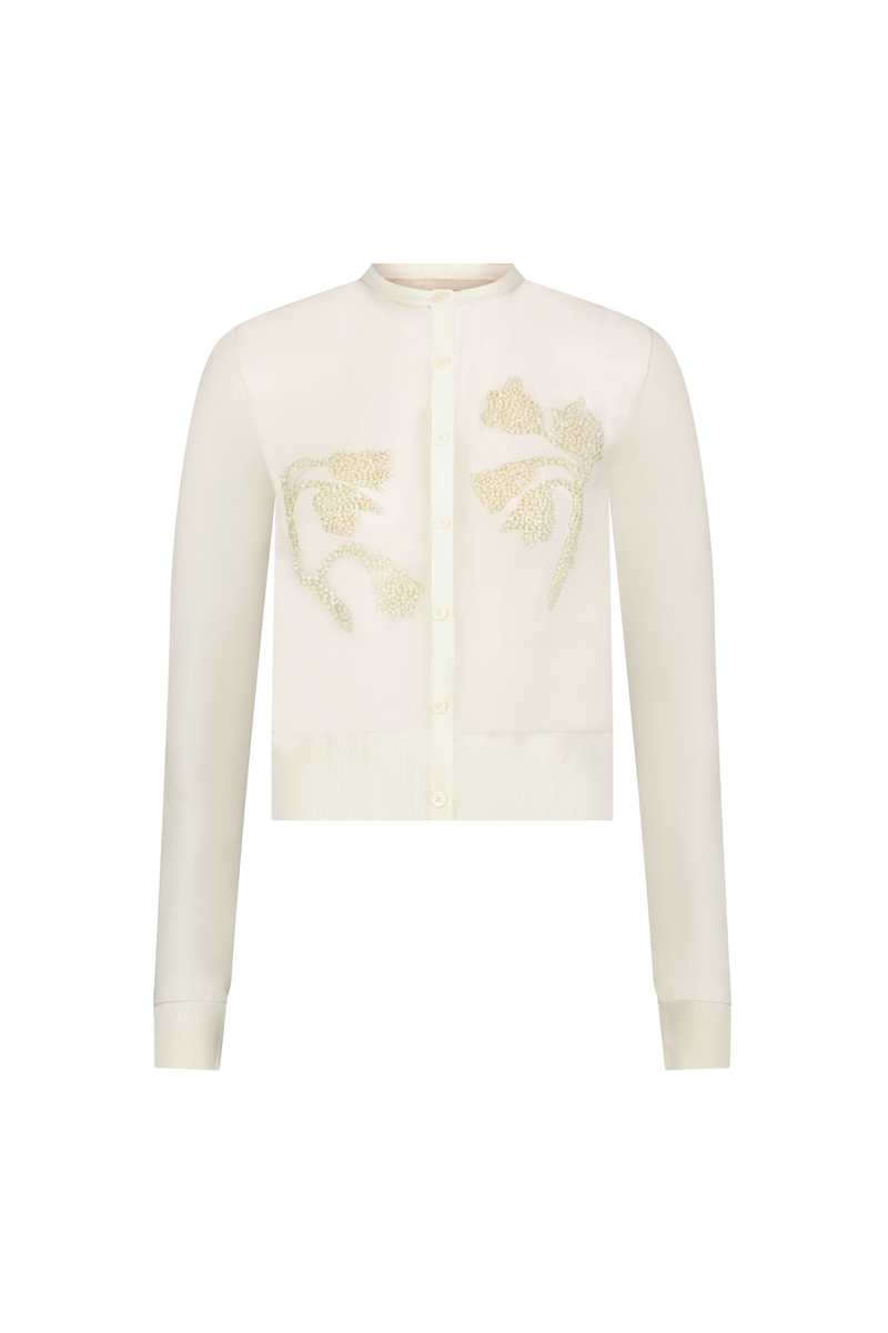 Floral Jacquard Knit Sheer Beaded Cardigan