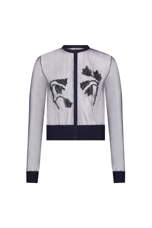 Floral Jacquard Knit Sheer Beaded Cardigan