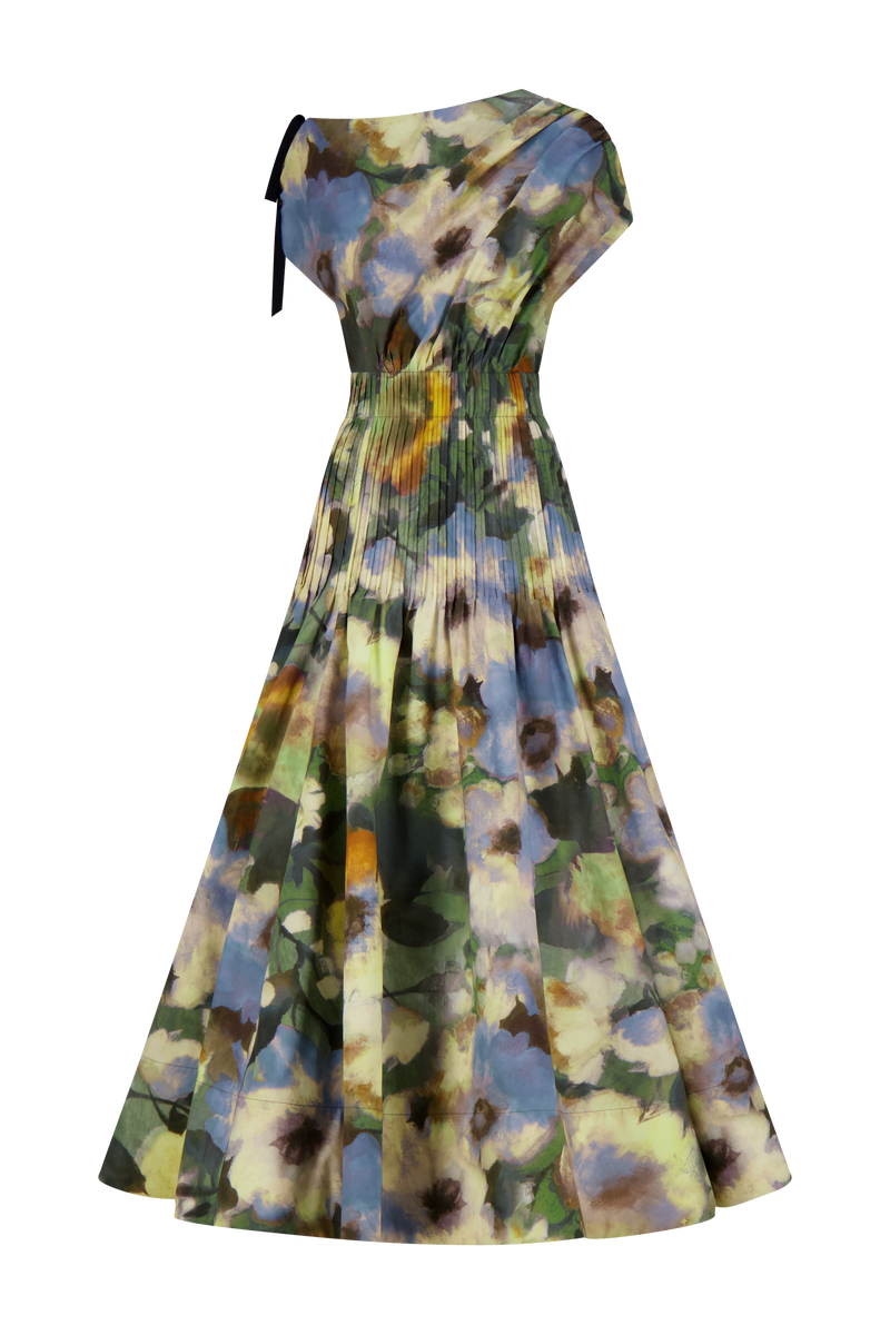 Floral Printed Cotton Draped Shoulder Pleated Dress