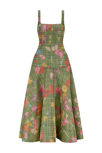 Floral Raffia Square Neck Dress