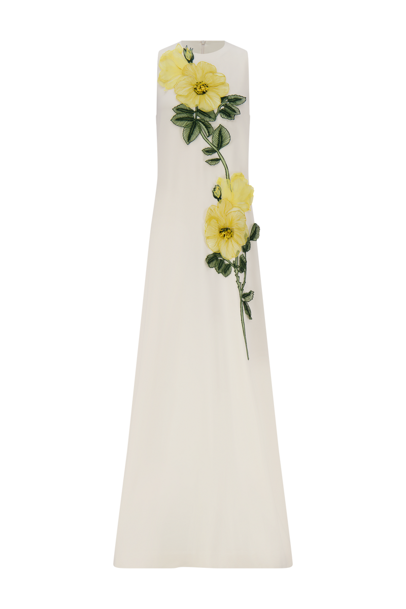 Peony Embroidered Fluid Crepe Francie Gown