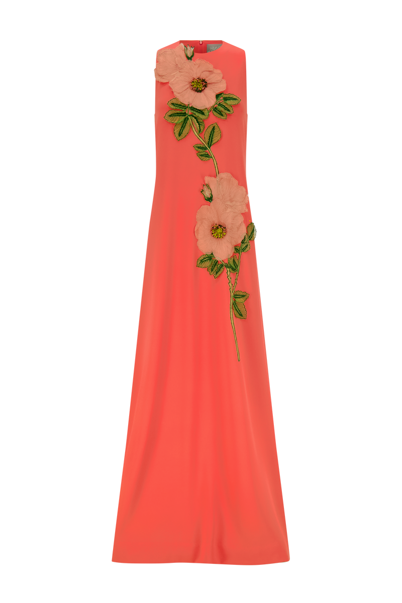 Peony Embroidered Fluid Crepe Francie Gown
