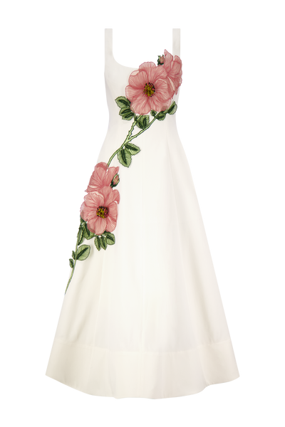 Peony Embroidered Stretch Cotton Full Dress