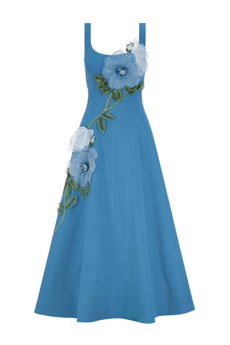 Peony Embroidered Stretch Cotton Full Dress