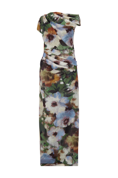 Floral Printed Chiffon Draped Column Gown