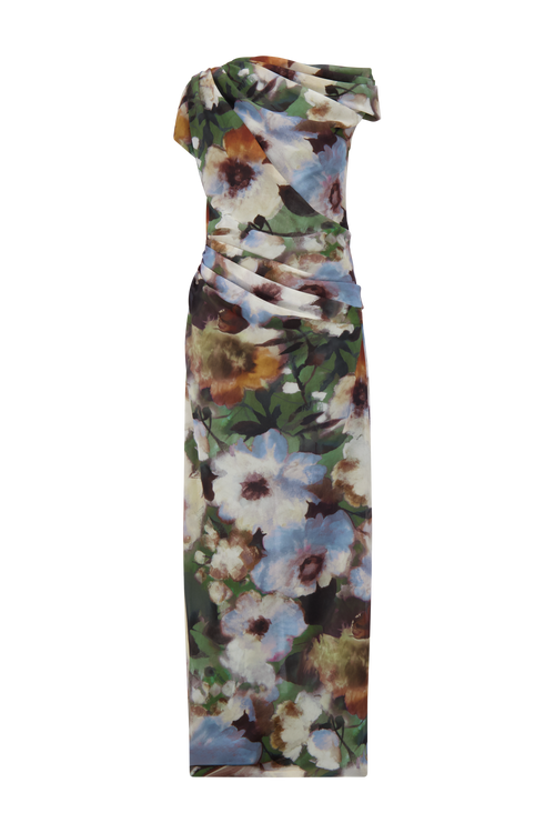 Floral Printed Chiffon Draped Column Gown