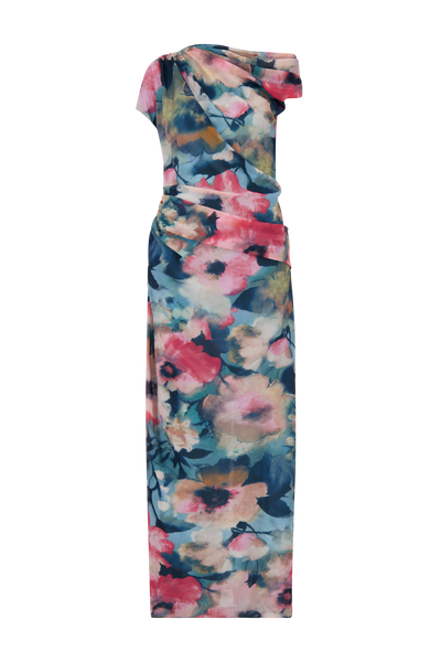 Floral Printed Chiffon Draped Column Gown