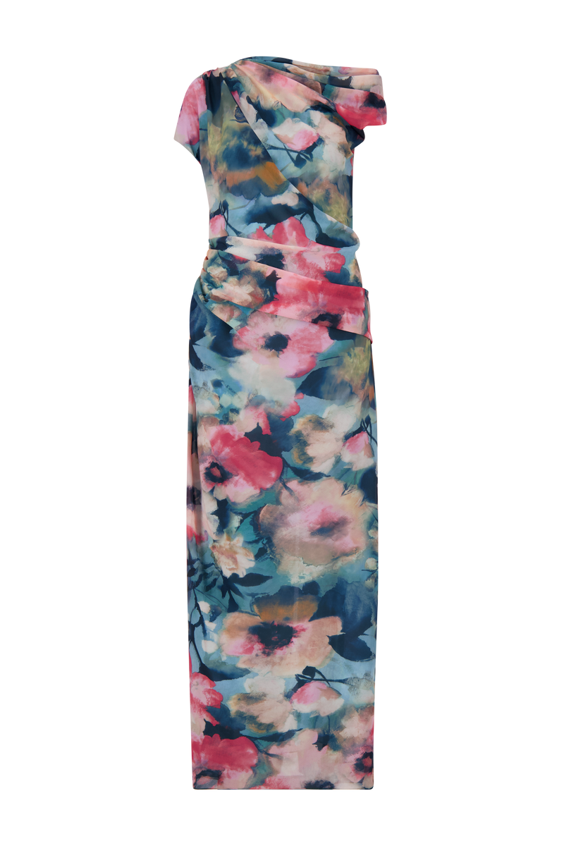 Floral Printed Chiffon Draped Column Gown