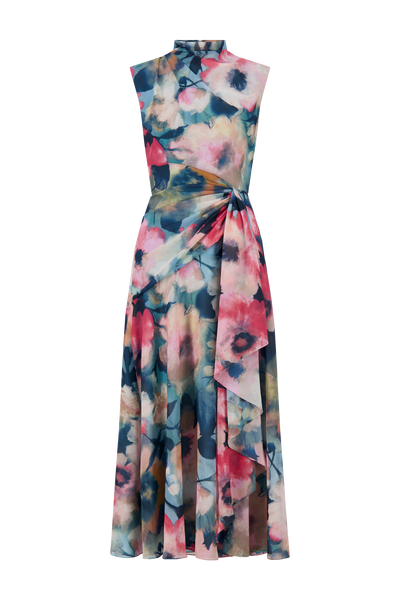 Floral Printed Chiffon Draped Dress
