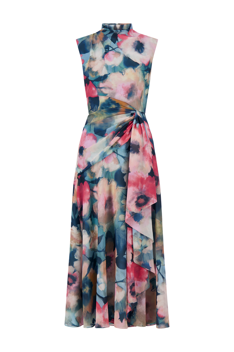 Floral Printed Chiffon Draped Dress