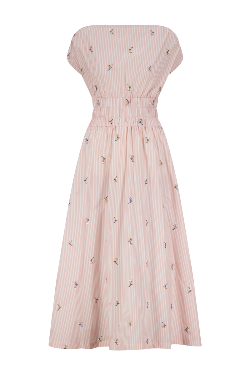 Embroidered Striped Cotton Midi Dress