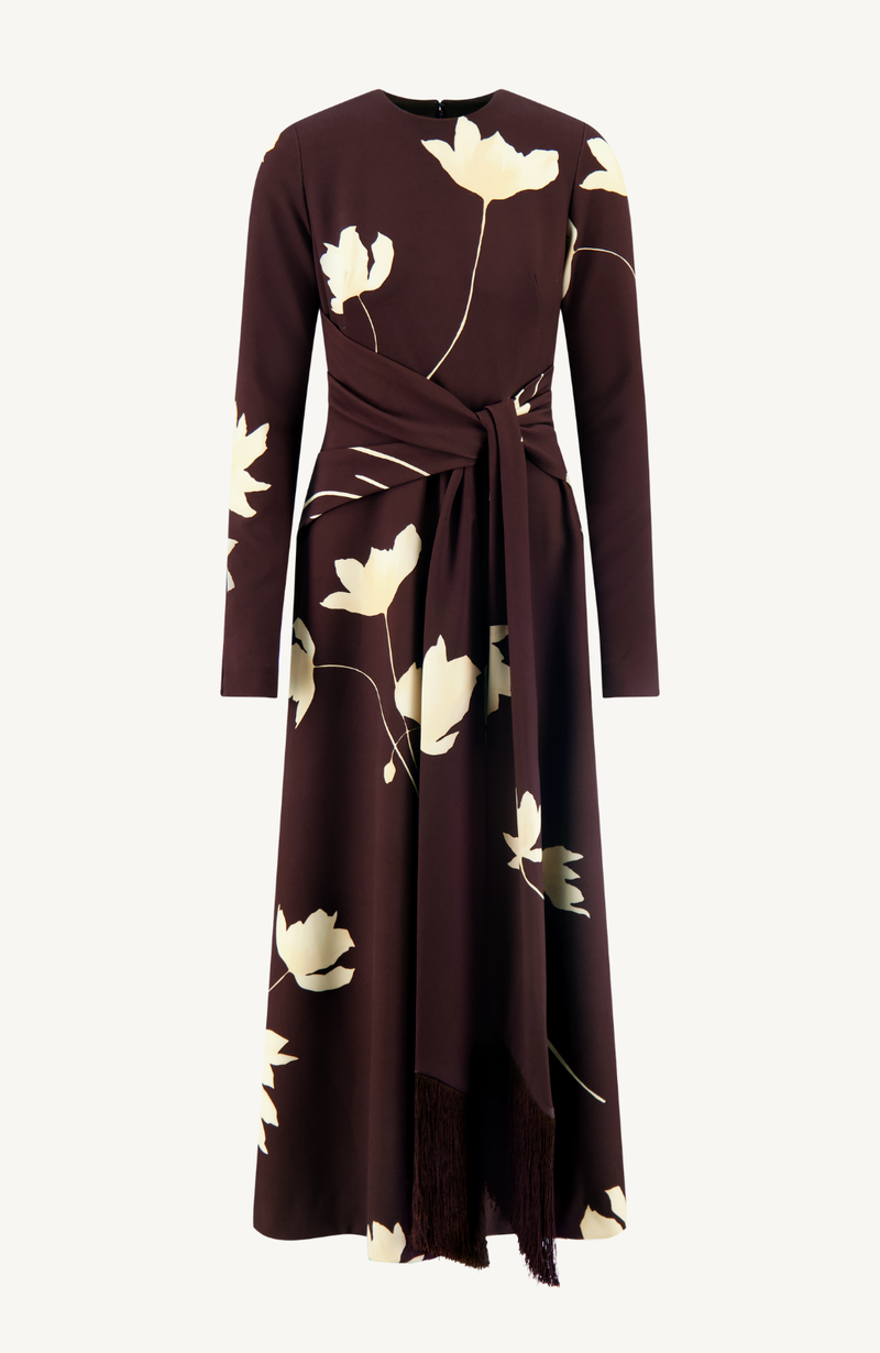Floral Printed Crepe Long Sleeve Tie Waist Dress