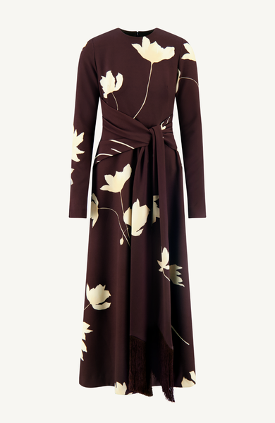 Floral Printed Crepe Long Sleeve Tie Waist Dress – Lela Rose