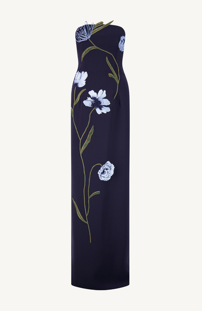Floral Cord Embroidered Fluid Crepe Strapless Gown