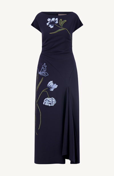 Floral Cord Embroidered Fluid Crepe Cascade Dress