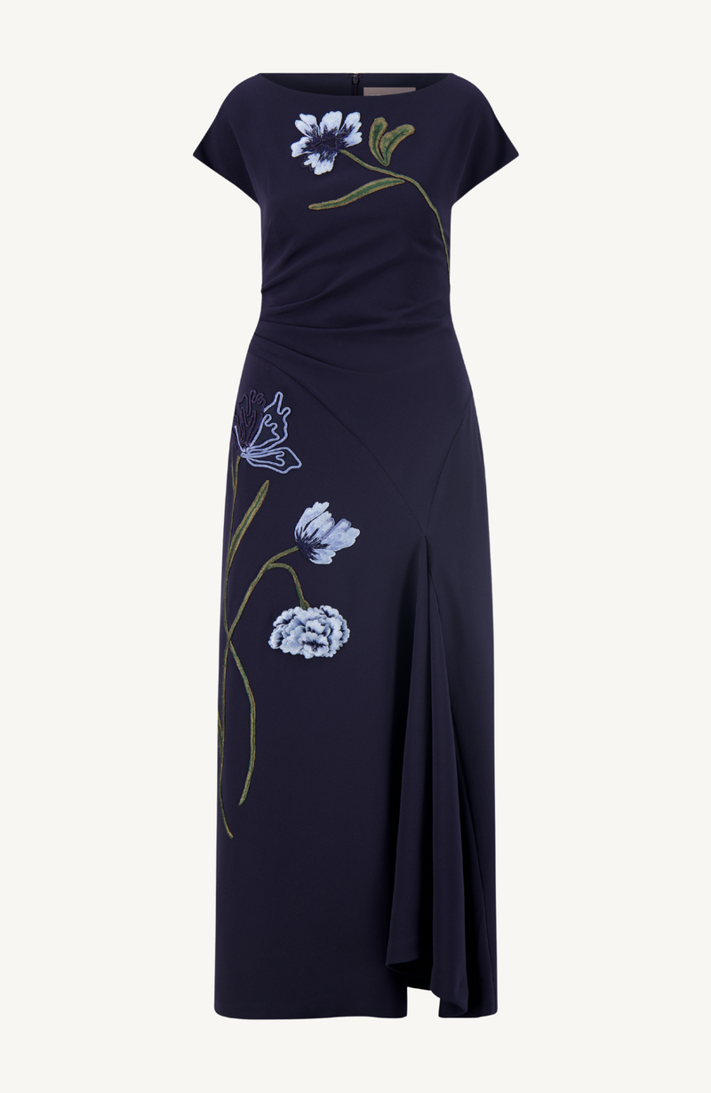 Floral Cord Embroidered Fluid Crepe Cascade Dress