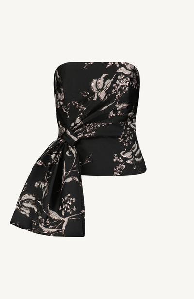 Metallic Floral Jacquard Strapless Cascade Top