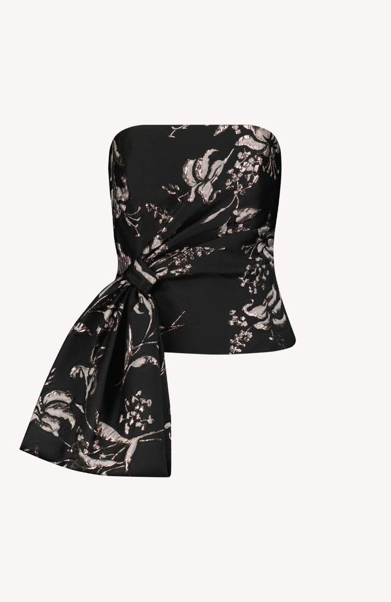 Metallic Floral Jacquard Strapless Cascade Top