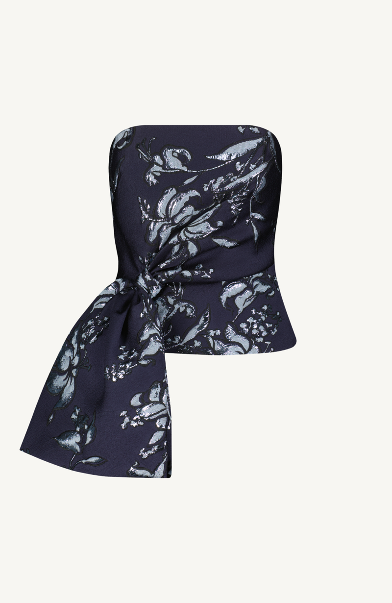 Metallic Floral Jacquard Strapless Cascade Top