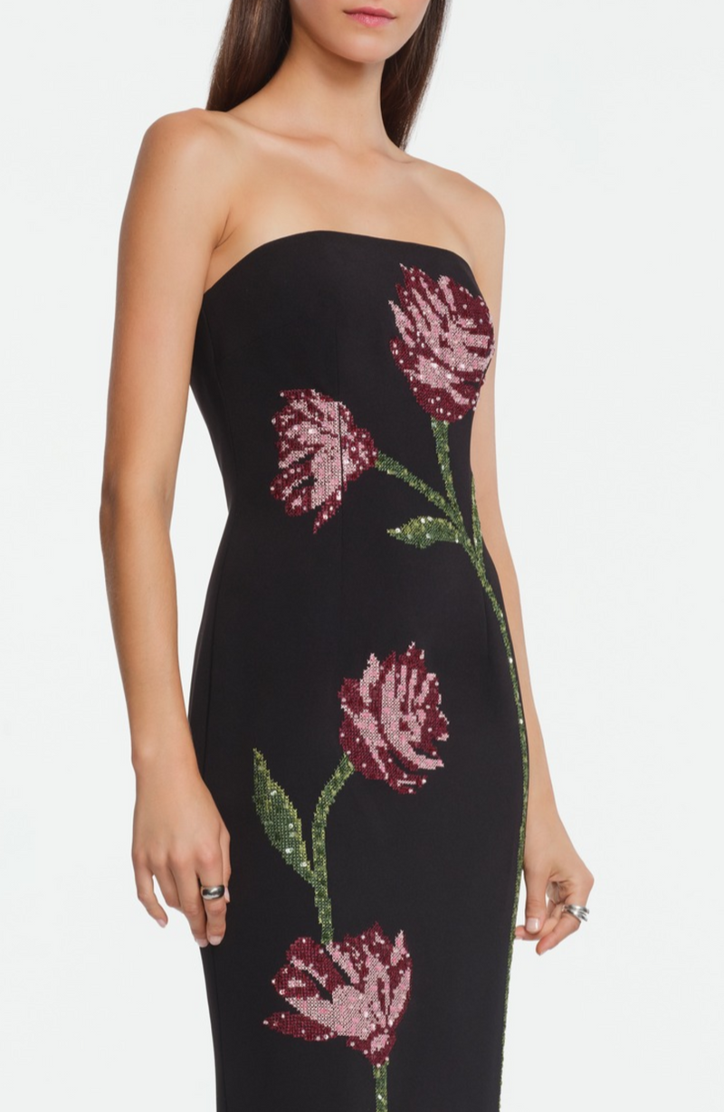 Floral Needlepoint Embroidered Fluid Crepe Ava Gown