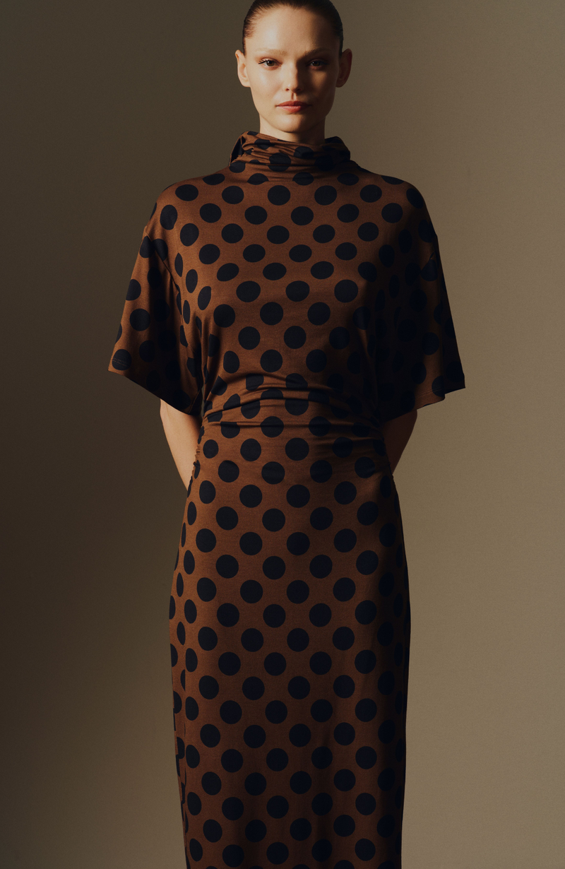 Polka Dot Jersey Turtleneck Dress
