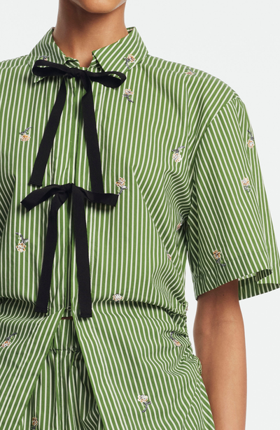 Embroidered Striped Cotton Bow Front Shirt