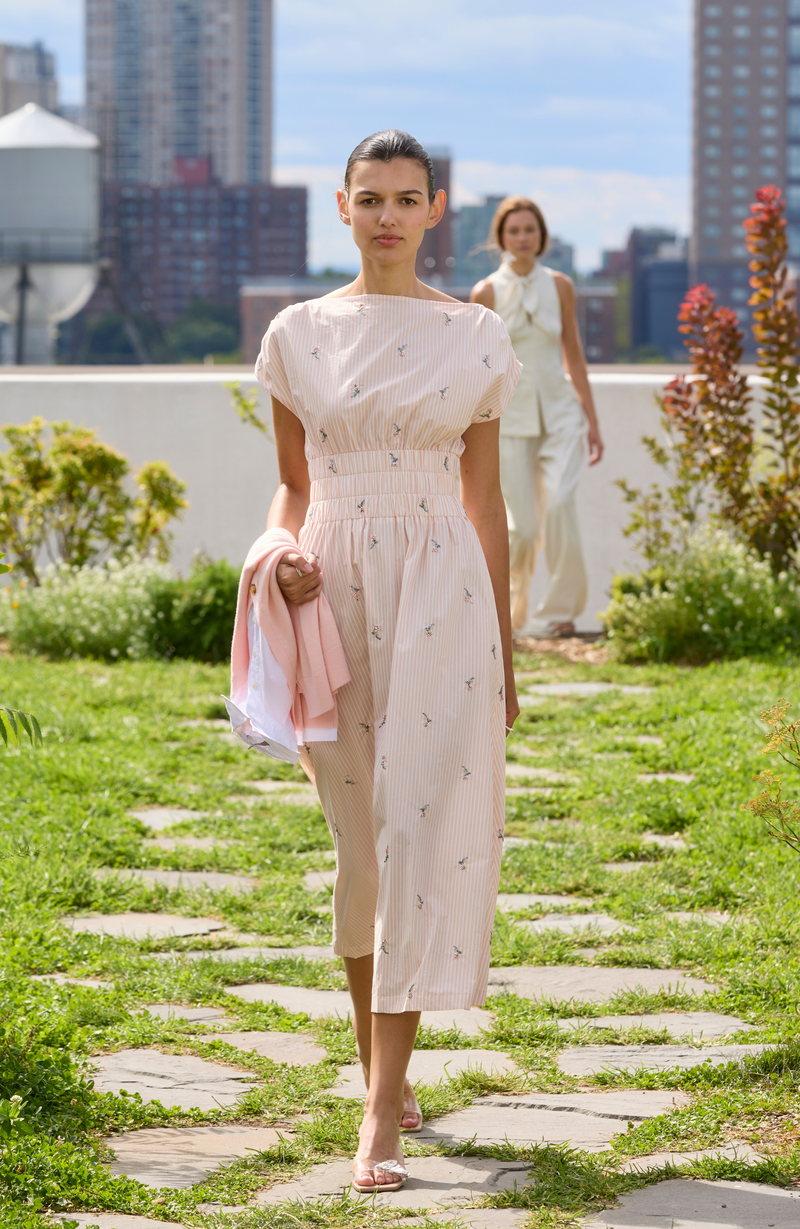 Embroidered Striped Cotton Midi Dress