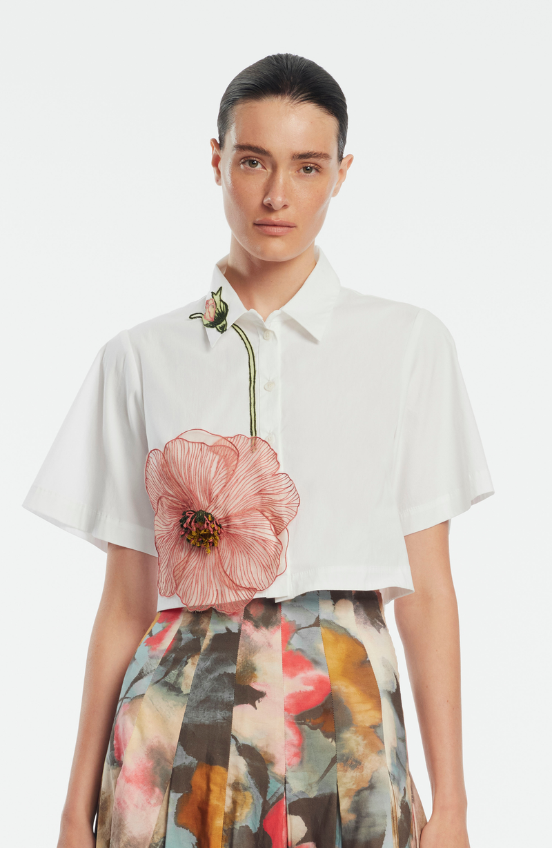 Peony Embroidered Cotton Poplin Cropped Shirt