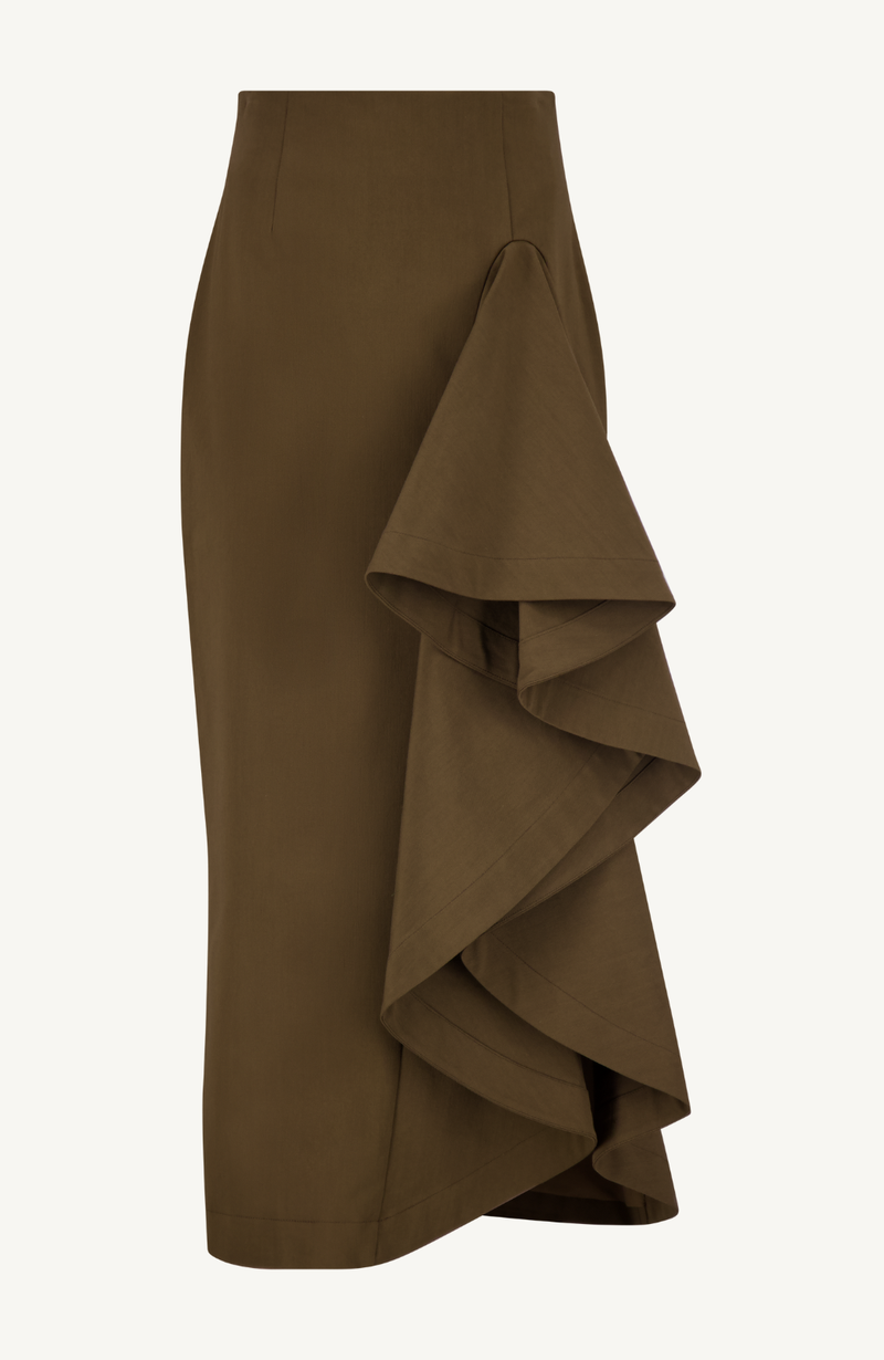 Stretch Cotton Twill Ruffle Detail Pencil Skirt