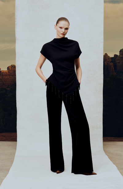 Tassel Embroidered Fluid Crepe Top