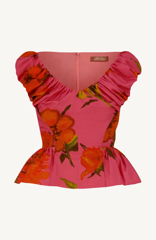 Floral Printed Cotton Shirred V Neck Peplum Top