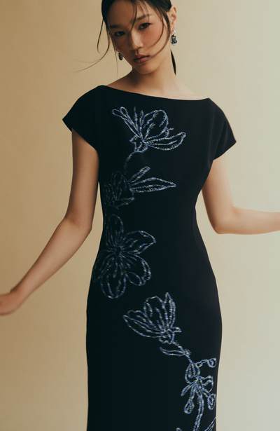 Ikat Floral Embroidered Fluid Crepe Dress