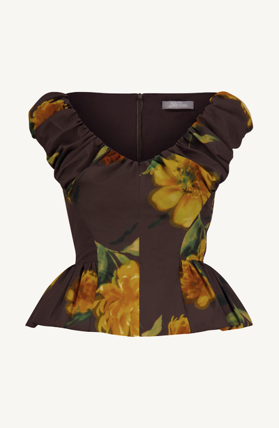 Floral Printed Cotton Shirred V Neck Peplum Top