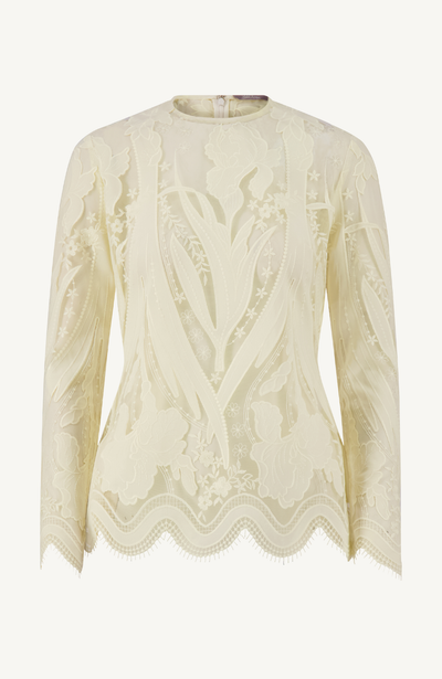 Floral Embroidered Tulle Long Sleeve Peplum Top