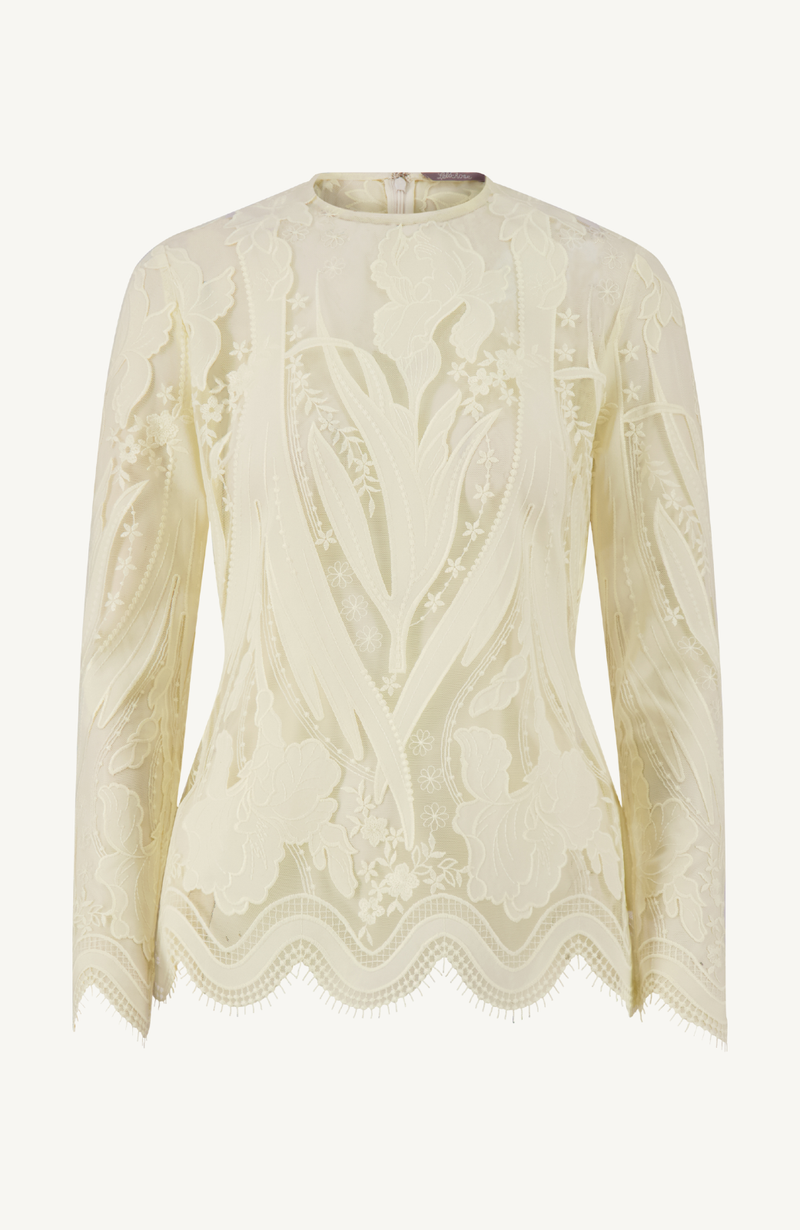 Floral Embroidered Tulle Long Sleeve Peplum Top