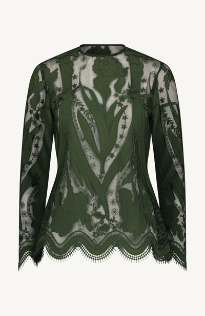 Floral Embroidered Tulle Long Sleeve Peplum Top