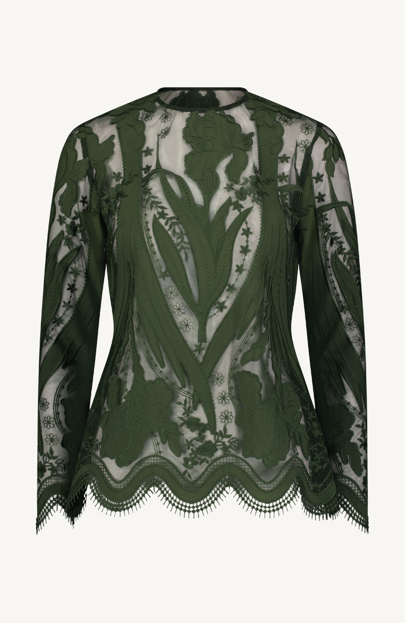 Floral Embroidered Tulle Long Sleeve Peplum Top