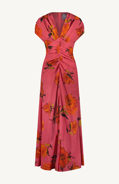 Floral Printed Chiffon V Neck Shirred Dress